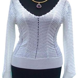 Cache White Peek-a-boo Crochet Stretch Knit V Neck Banded Bottom Top NWT $118